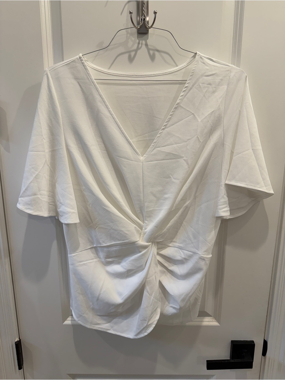White V-Neck Twist Front Women's Top